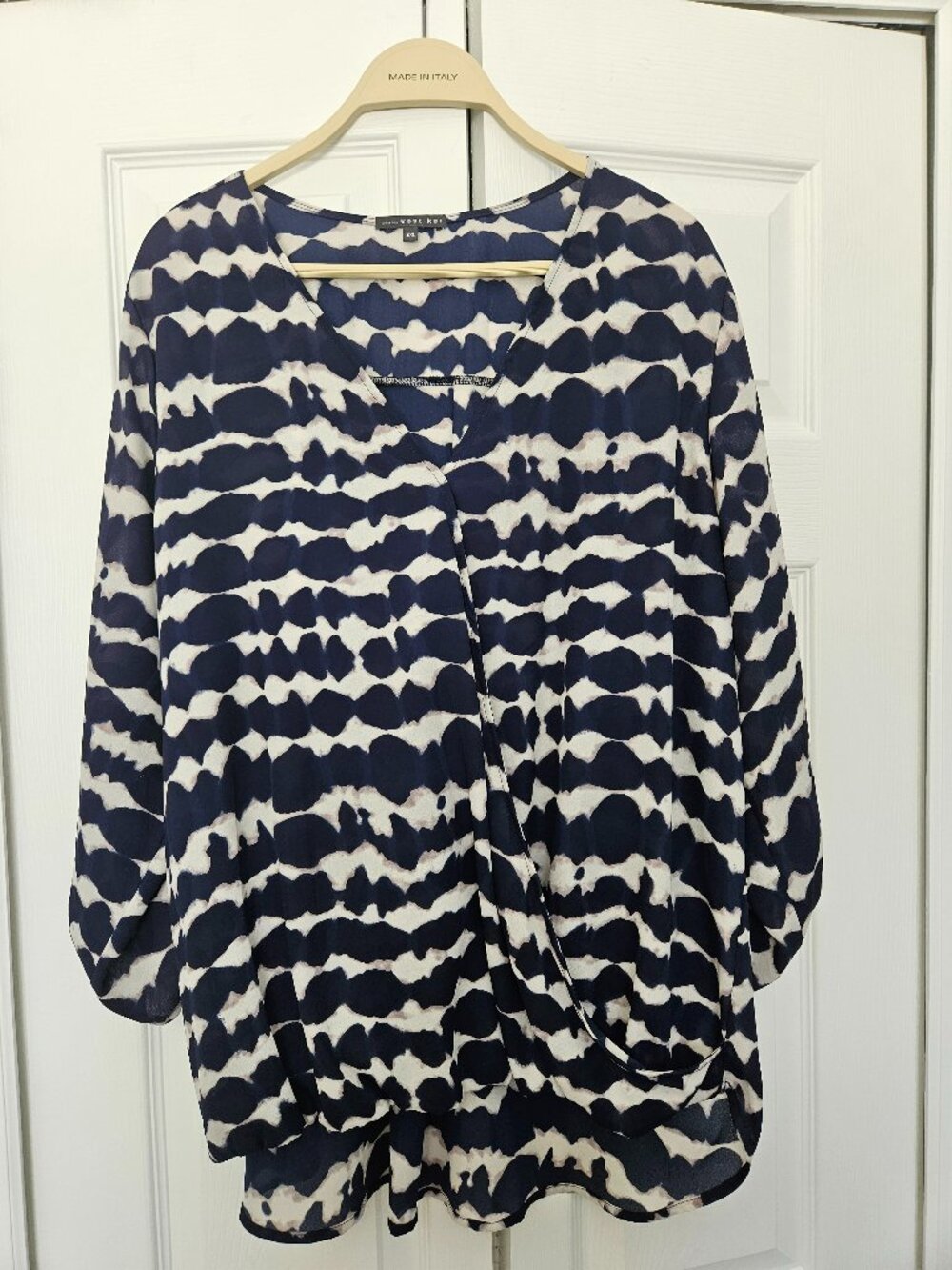 Draped Blue and White Business Casual Long-Sleeved Blouse